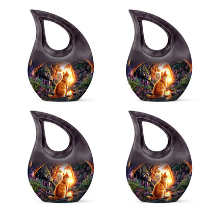 Violet Purple Cat Cremation Urn lifestyle display on memorial shelf - faith-inspired cross-drop urn with cat pattern - 10 inch aluminum urn for cremated remains