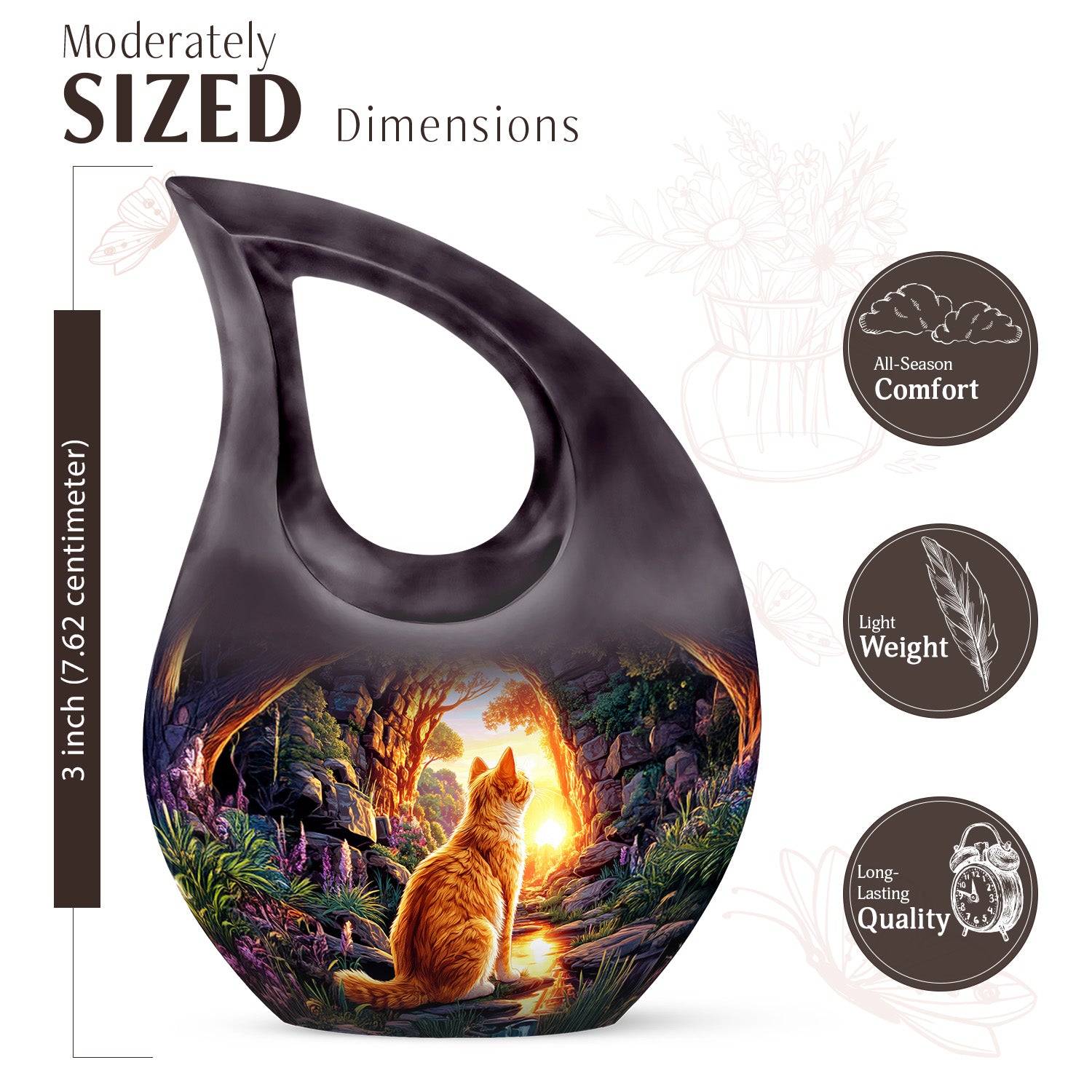 Violet Purple Cat Cremation Urn back view with polished surface - devotional cross-drop cat engraving - mini keepsake memorial for portion of cremation ashes