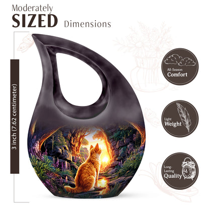 Violet Purple Cat Cremation Urn back view with polished surface - devotional cross-drop cat engraving - mini keepsake memorial for portion of cremation ashes