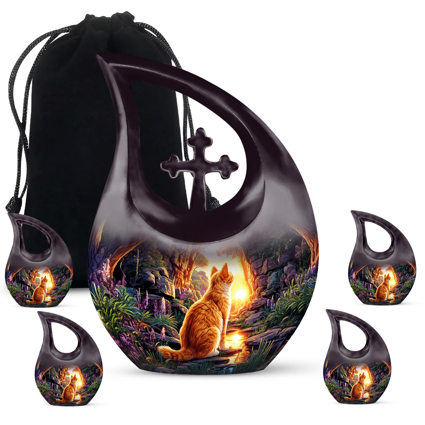 Violet Purple Cat Cremation Urn urn with complimentary velvet bag - faith-inspired cross-drop urn with cat pattern - memorial set with one large and four small urns