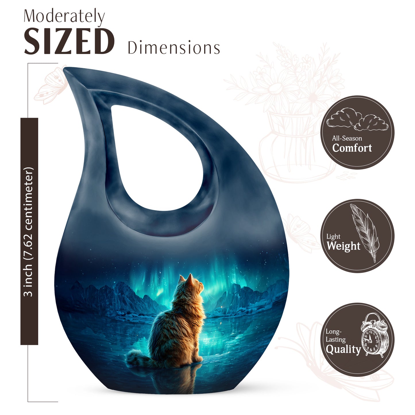 Pastel Blue Cat Cremation Urn back view with polished surface - cross and cat combined in spiritual memorial design - mini keepsake memorial for portion of cremation ashes