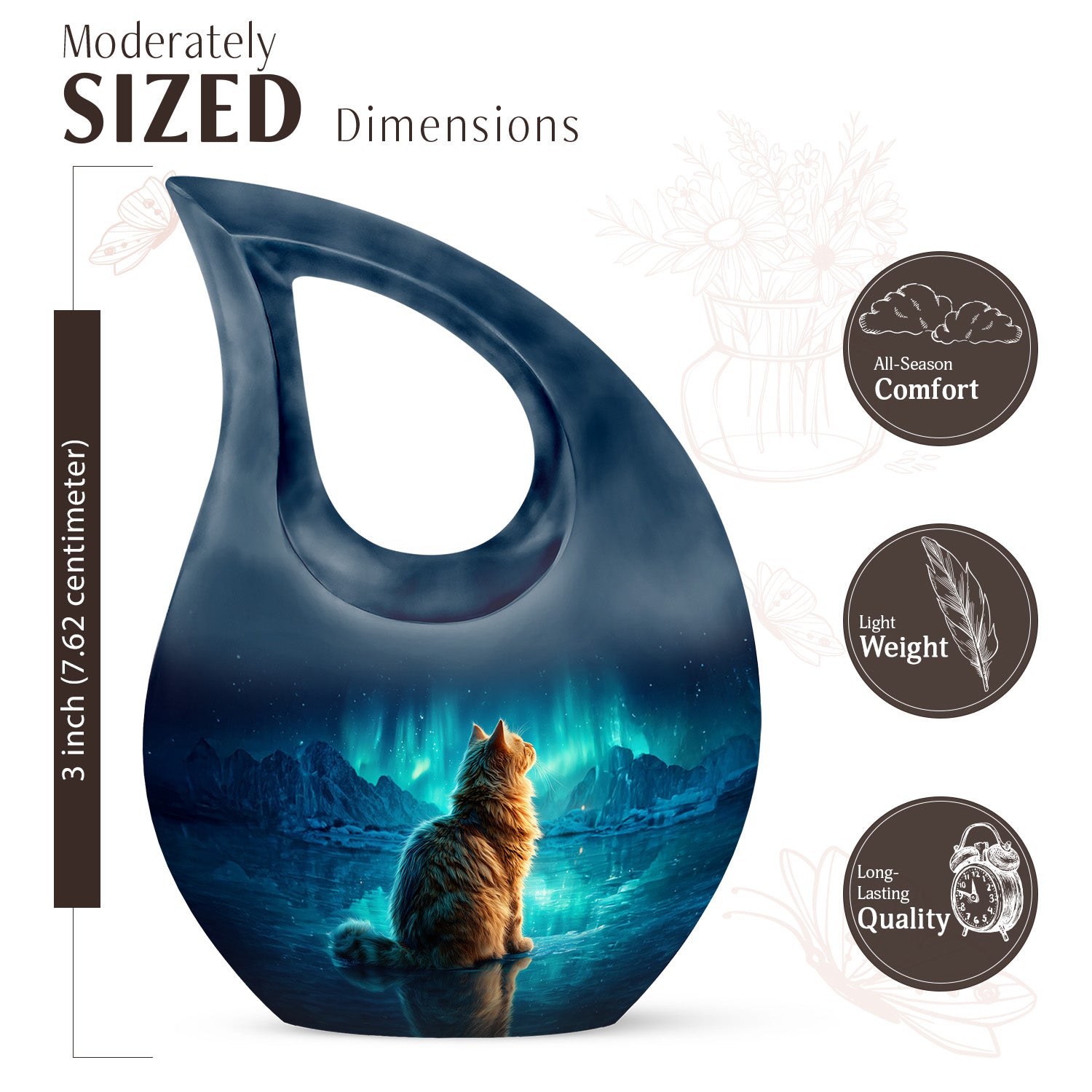 Pastel Blue Cat Cremation Urn back view with polished surface - cross and cat combined in spiritual memorial design - mini keepsake memorial for portion of cremation ashes