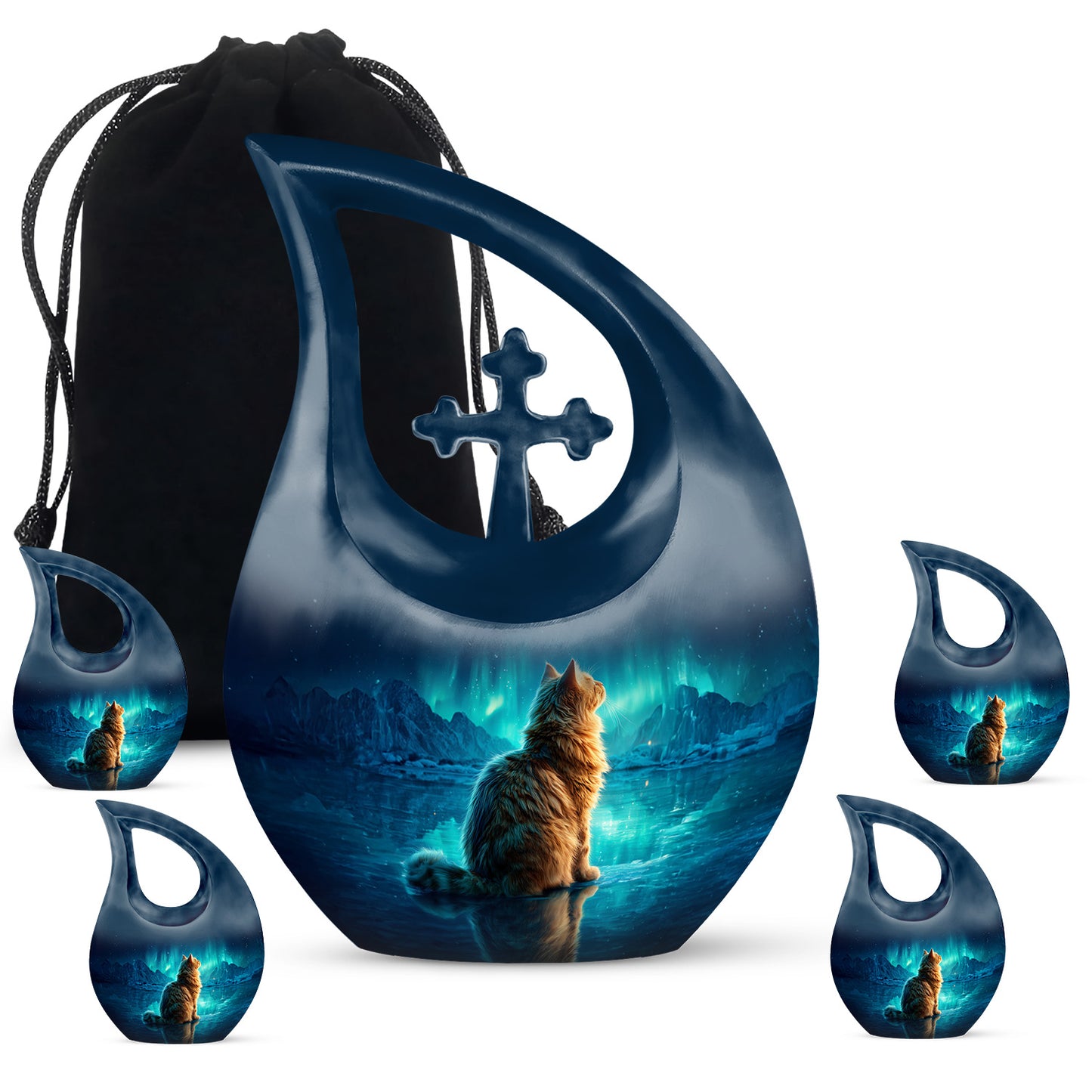 Serene Blue Cat Cremation Urn urn with complimentary velvet bag - faith-inspired cross-drop urn with cat pattern - memorial set with one large and four small urns