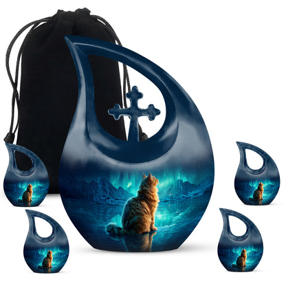 Serene Blue Cat Cremation Urn urn with complimentary velvet bag - faith-inspired cross-drop urn with cat pattern - memorial set with one large and four small urns