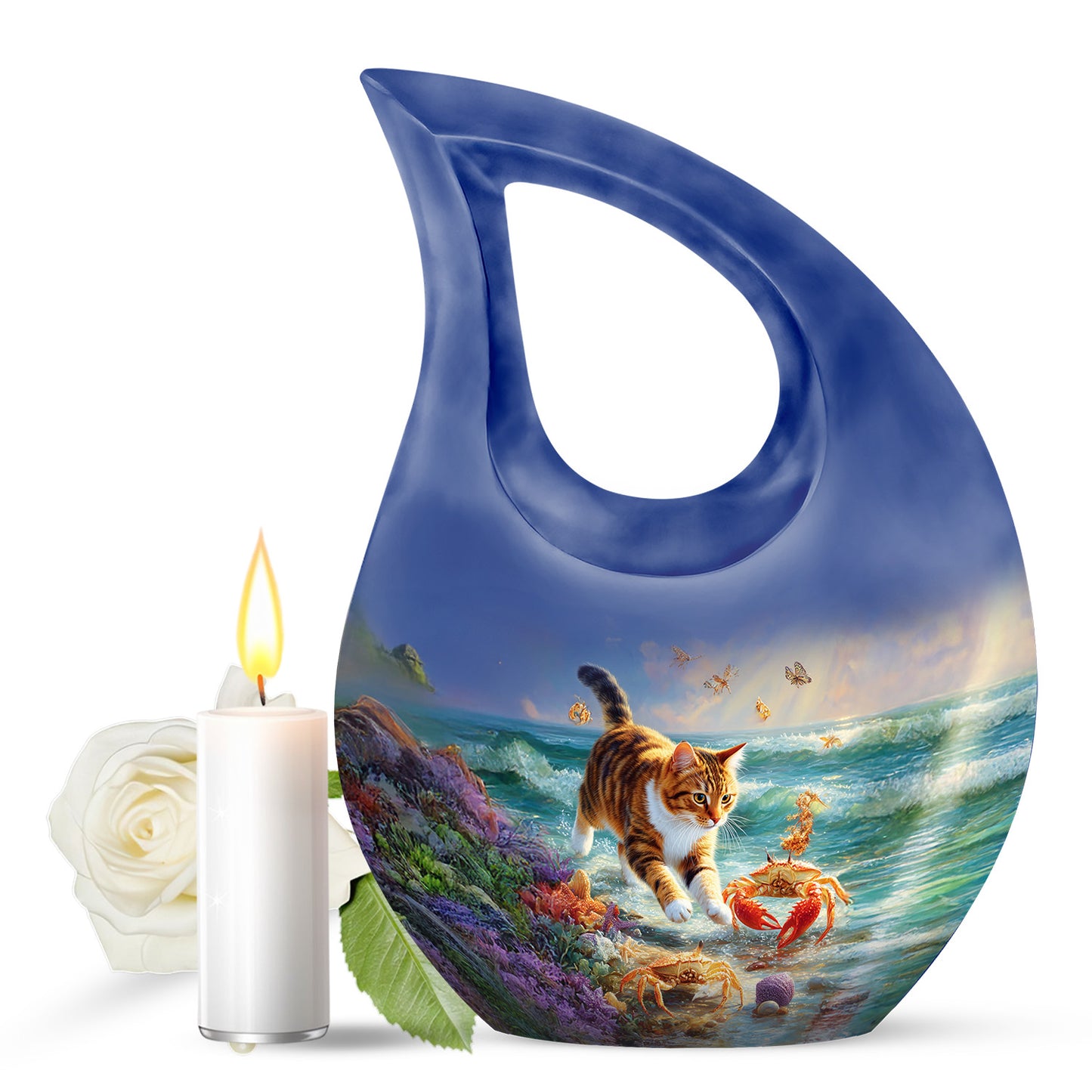 Personalized Blue Revered Cat Cremation Urns for Human Ashes - 10-inch, 200 cu in - Yatskia