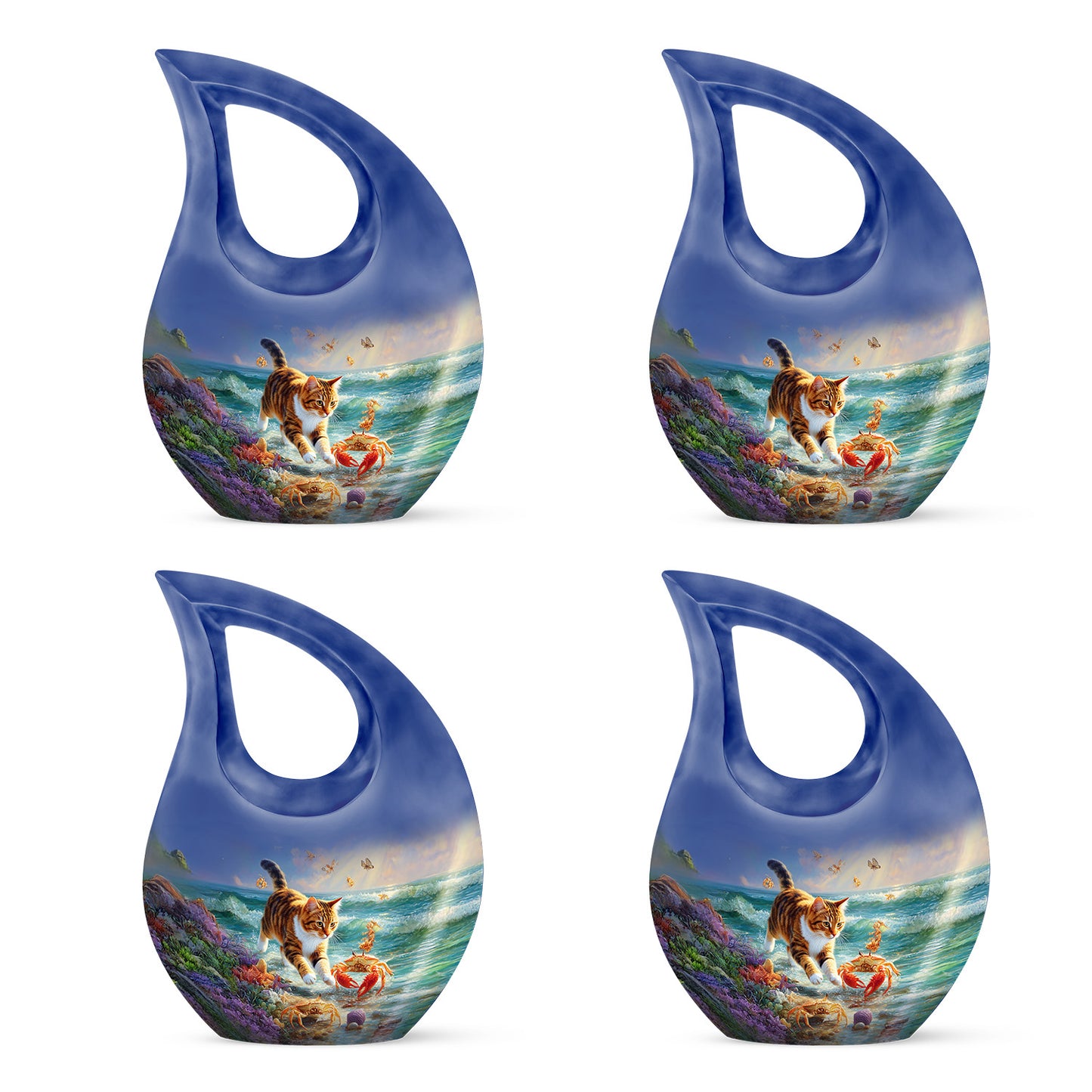 Celestial Blue Cat Cremation Urn lifestyle display on memorial shelf - cross and cat combined in spiritual memorial design - 10 inch aluminum urn for cremated remains