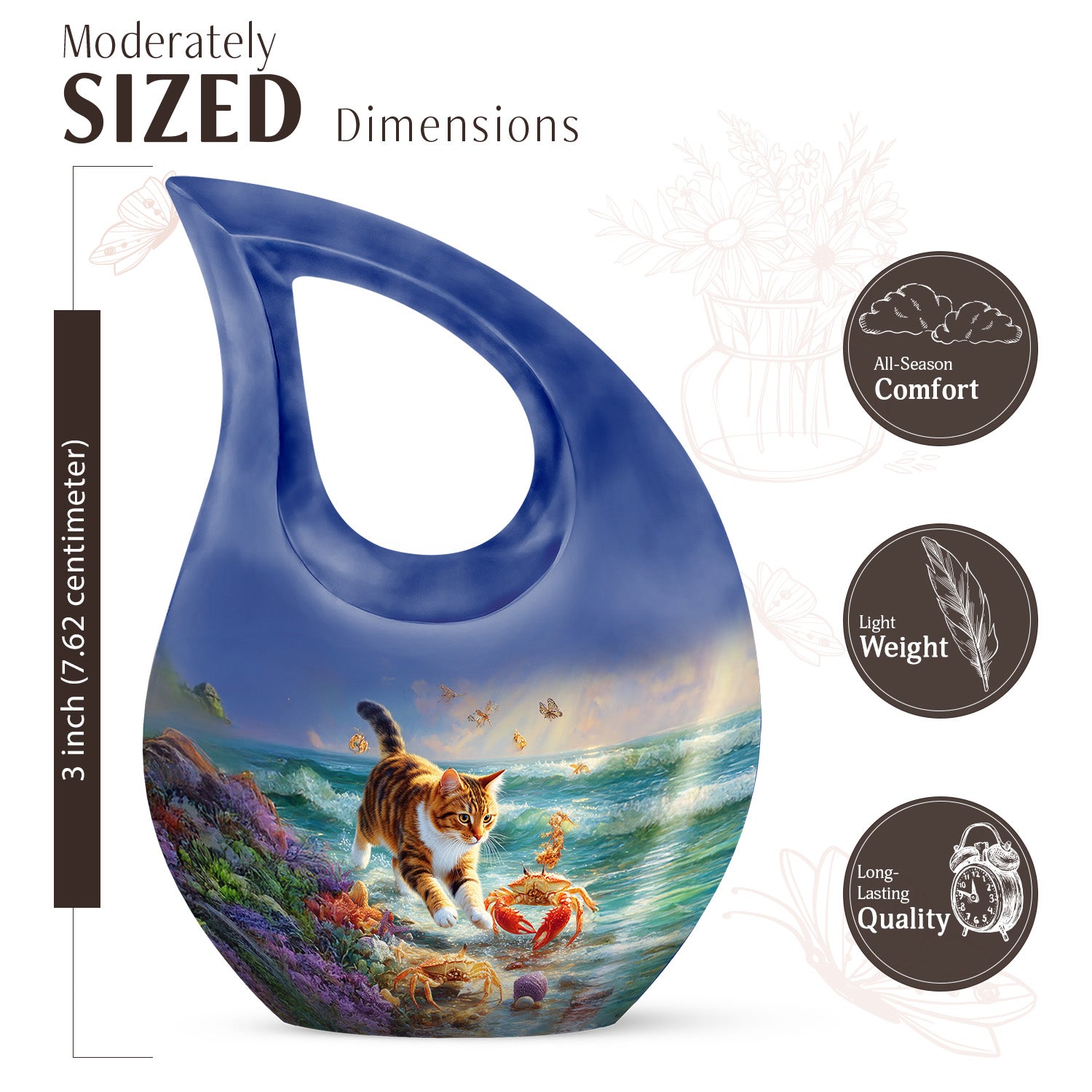 Royal Blue Cat Cremation Urn back view with polished surface - faith-inspired cross-drop urn with cat pattern - mini keepsake memorial for portion of cremation ashes