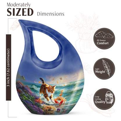 Royal Blue Cat Cremation Urn back view with polished surface - faith-inspired cross-drop urn with cat pattern - mini keepsake memorial for portion of cremation ashes