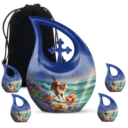 Misty Blue Cat Cremation Urn urn with complimentary velvet bag - cross and cat combined in spiritual memorial design - memorial set with one large and four small urns