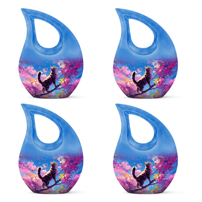 Azure Cat Cremation Urn lifestyle display on memorial shelf - cross and cat combined in spiritual memorial design - 10 inch aluminum urn for cremated remains