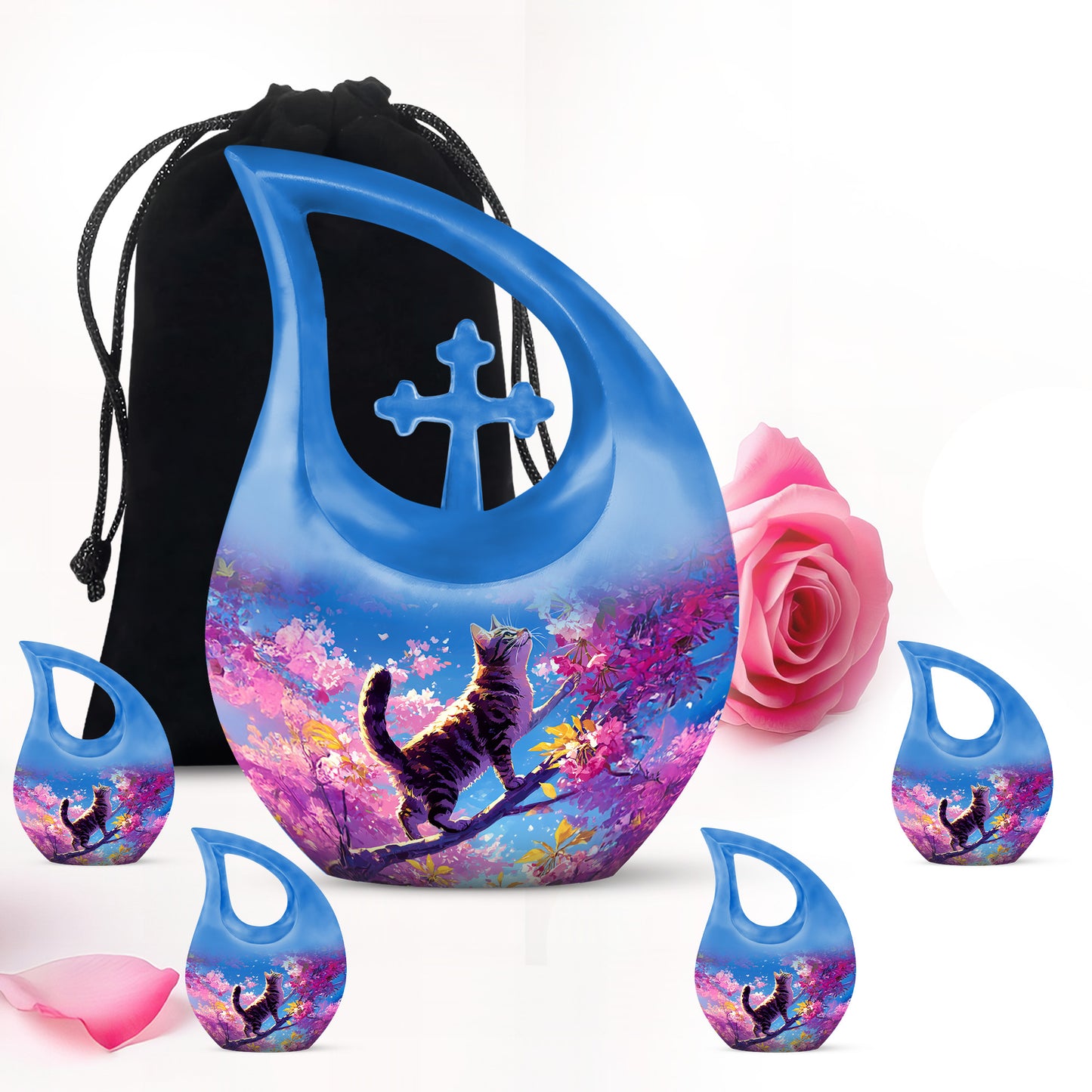 Steel Blue Cat Cremation Urn urn with complimentary velvet bag - devotional cross-drop cat engraving - memorial set with one large and four small urns