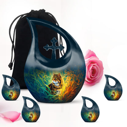 Sapphire Blue Cat Cremation Urn urn with complimentary velvet bag - faith-inspired cross-drop urn with cat pattern - memorial set with one large and four small urns