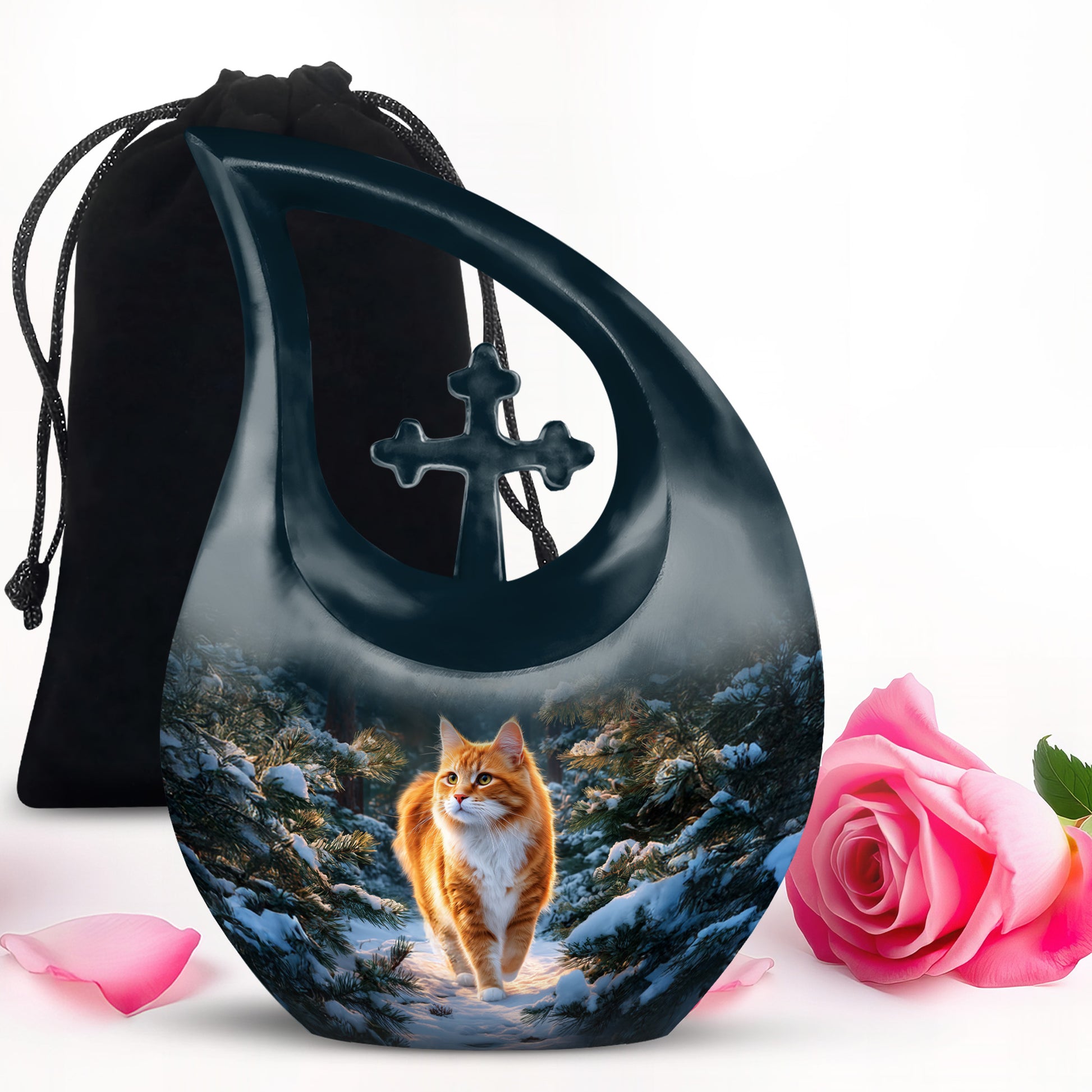 Royal Blue Cat Cremation Urn top-down view of secure threaded lid - devotional cross-drop cat engraving - full-size 10 inch 200 cubic inch adult cremation urn
