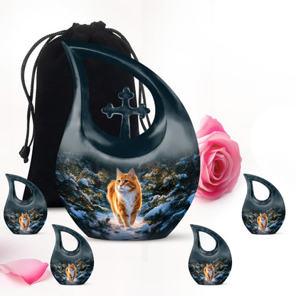 Serene Blue Cat Cremation Urn urn with complimentary velvet bag - devotional cross-drop cat engraving - memorial set with one large and four small urns