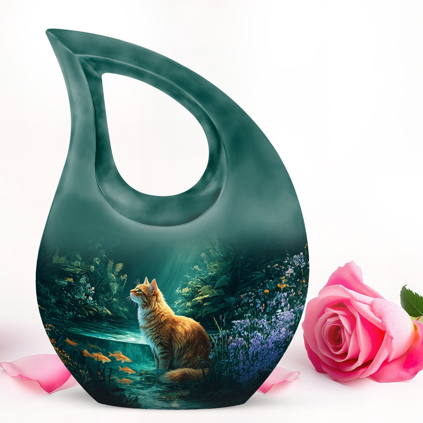 Teal Comforting Cat Memorial Urn for Ashes - 10-inch, 200 cu in - Yatskia