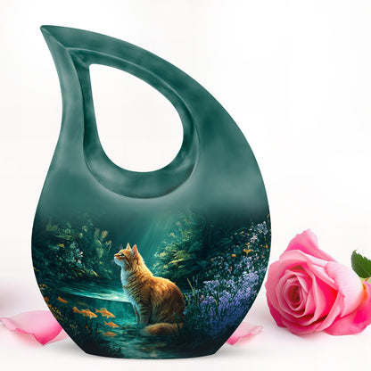 Teal Comforting Cat Memorial Urn for Ashes - 10-inch, 200 cu in - Yatskia