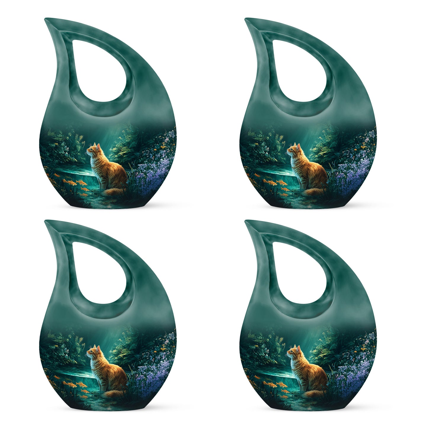 Aqua Teal Cat Cremation Urn lifestyle display on memorial shelf - devotional cross-drop cat engraving - 10 inch aluminum urn for cremated remains