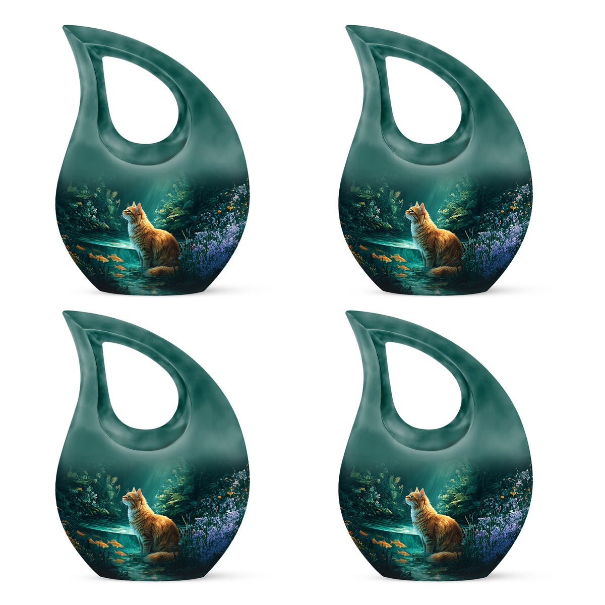 Aqua Teal Cat Cremation Urn lifestyle display on memorial shelf - devotional cross-drop cat engraving - 10 inch aluminum urn for cremated remains