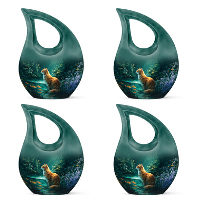 Aqua Teal Cat Cremation Urn lifestyle display on memorial shelf - devotional cross-drop cat engraving - 10 inch aluminum urn for cremated remains