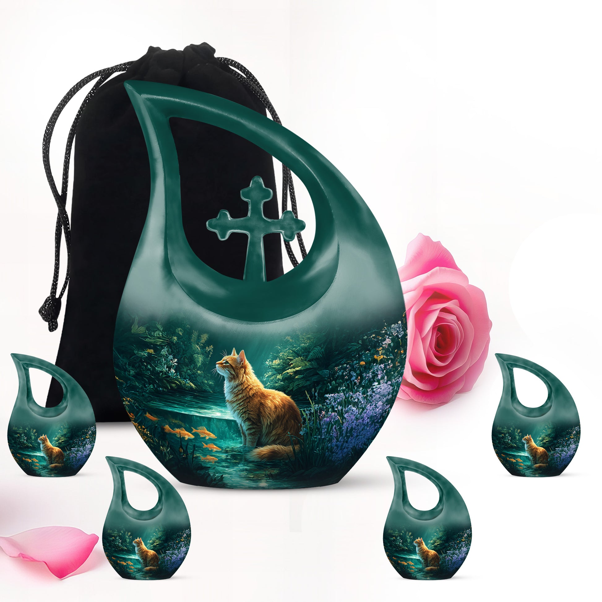 Vivid Teal Cat Cremation Urn urn with complimentary velvet bag - faith-inspired cross-drop urn with cat pattern - memorial set with one large and four small urns