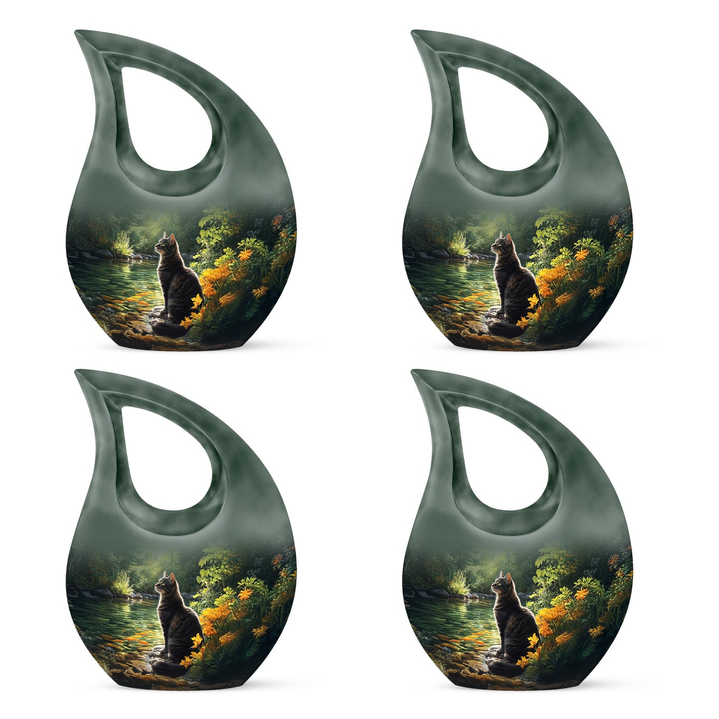 Glossy Black Cat Cremation Urn lifestyle display on memorial shelf - cross and cat combined in spiritual memorial design - 10 inch aluminum urn for cremated remains