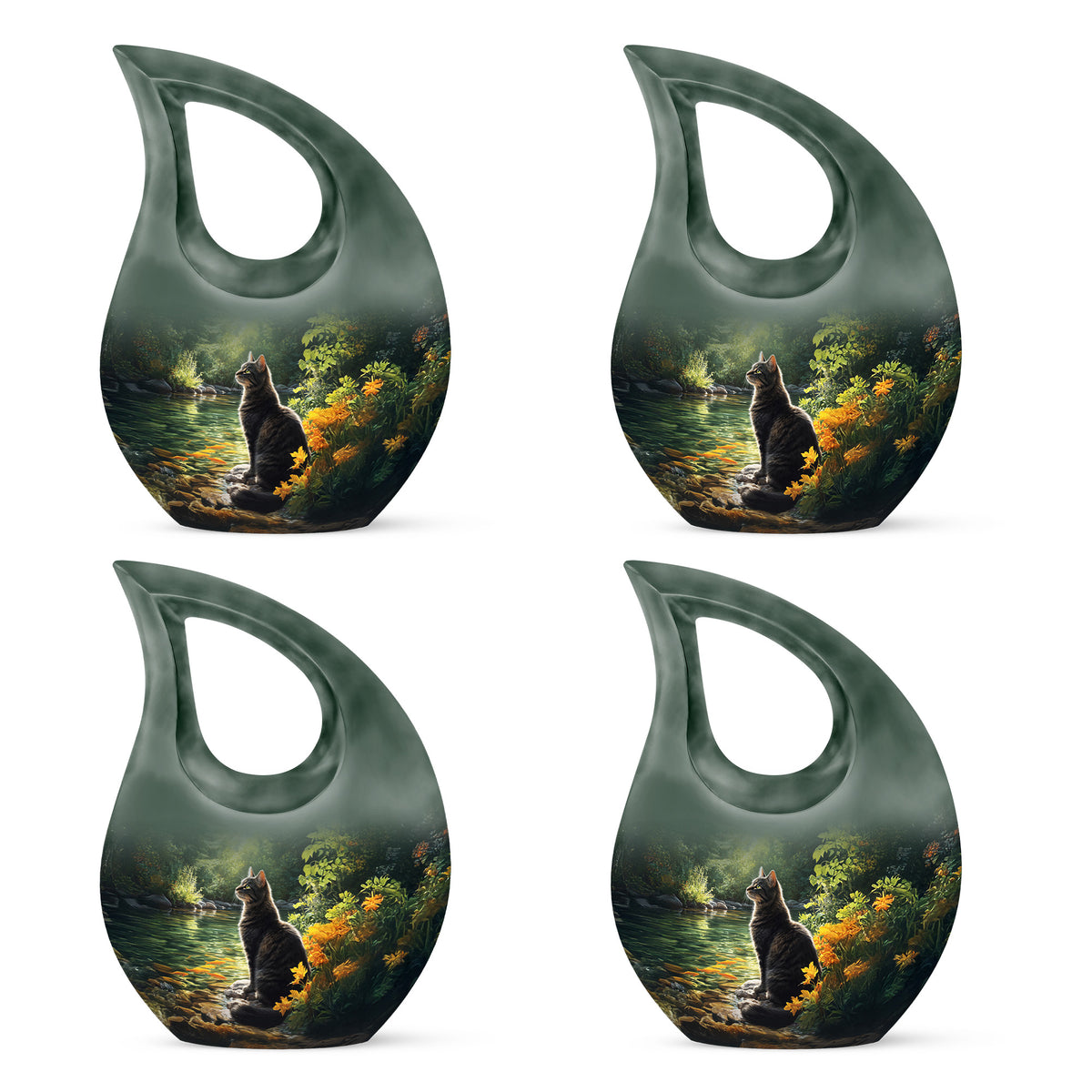 Glossy Black Cat Cremation Urn lifestyle display on memorial shelf - cross and cat combined in spiritual memorial design - 10 inch aluminum urn for cremated remains