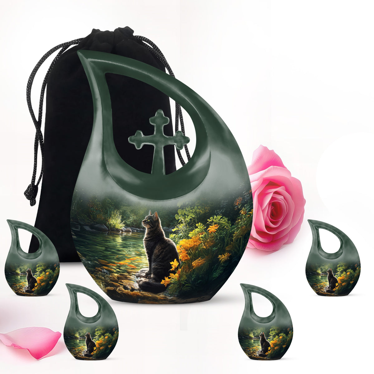 Midnight Black Cat Cremation Urn urn with complimentary velvet bag - devotional cross-drop cat engraving - memorial set with one large and four small urns