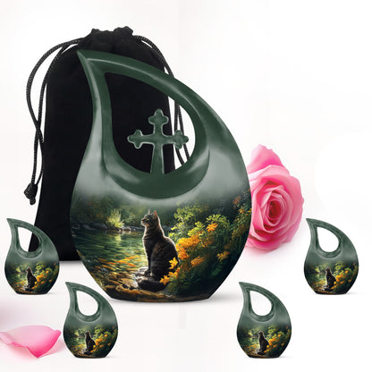 Midnight Black Cat Cremation Urn urn with complimentary velvet bag - devotional cross-drop cat engraving - memorial set with one large and four small urns