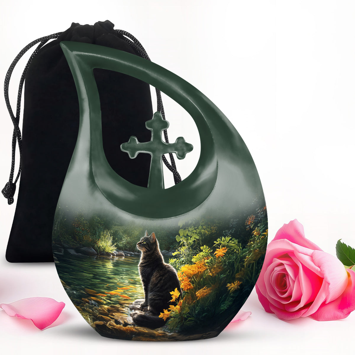 Obsidian Black Cat Cremation Urn top-down view of secure threaded lid - faith-inspired cross-drop urn with cat pattern - full-size 10 inch 200 cubic inch adult cremation urn