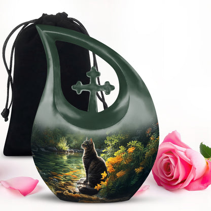 Obsidian Black Cat Cremation Urn top-down view of secure threaded lid - faith-inspired cross-drop urn with cat pattern - full-size 10 inch 200 cubic inch adult cremation urn