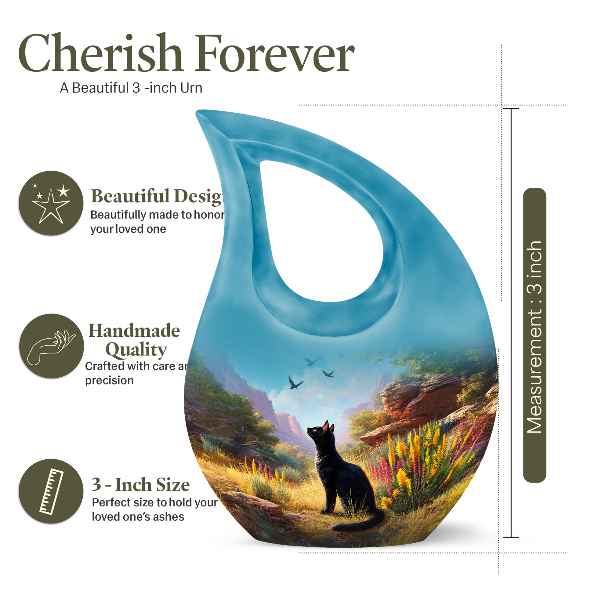 Pastel Blue Cat Cremation Urn back view with polished surface - cross and cat combined in spiritual memorial design - mini keepsake memorial for portion of cremation ashes