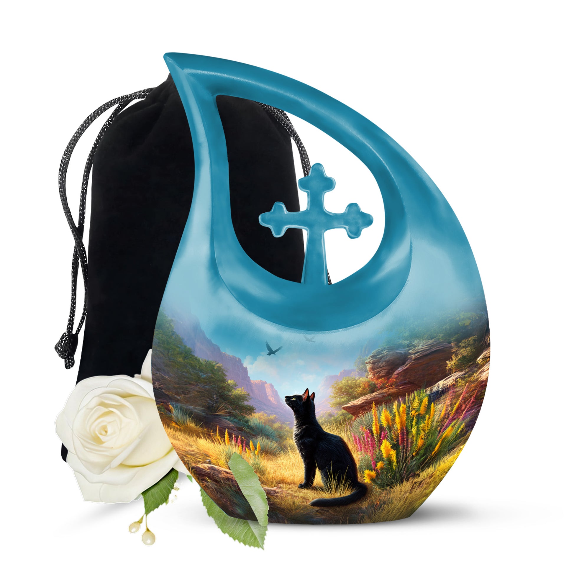Pastel Blue Cat Cremation Urn top-down view of secure threaded lid - sacred cross merged with cat motif on metal - full-size 10 inch 200 cubic inch adult cremation urn