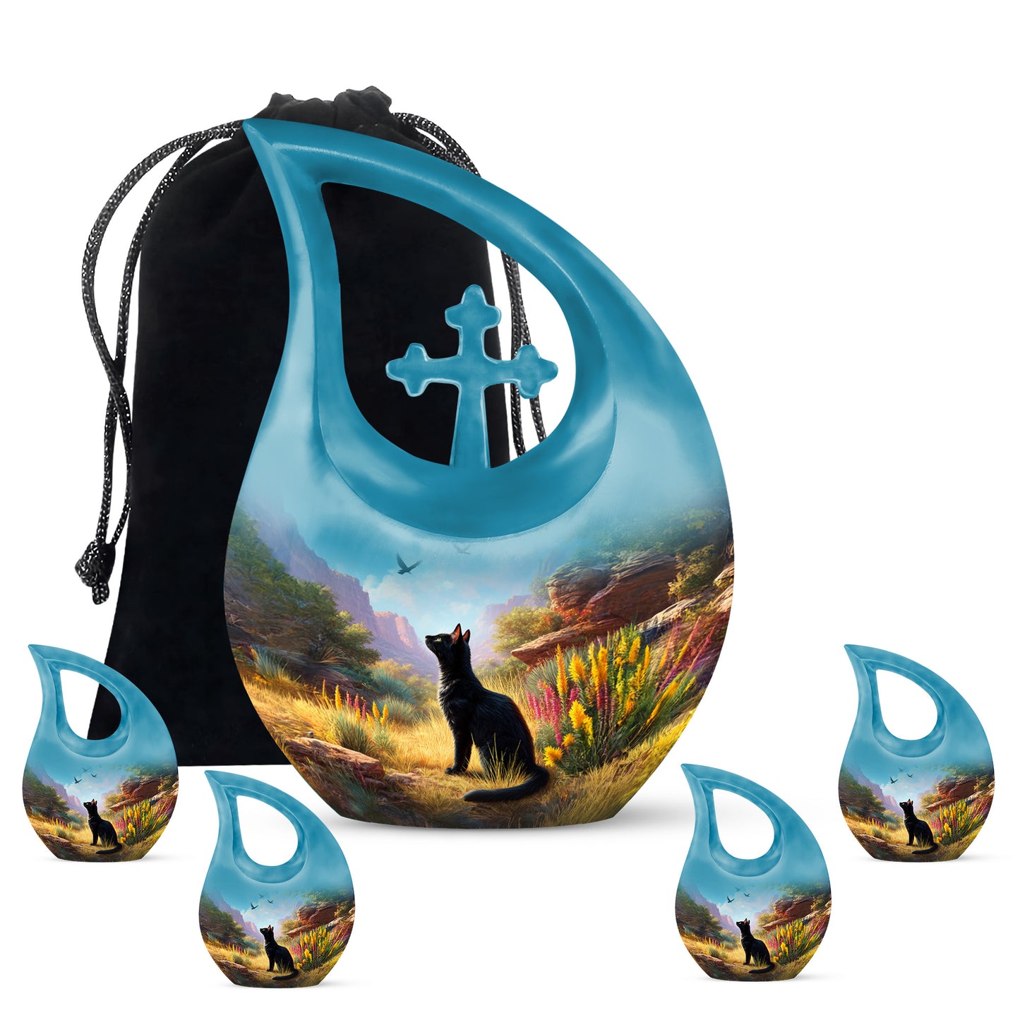 Powder Blue Cat Cremation Urn urn with complimentary velvet bag - sacred cross merged with cat motif on metal - memorial set with one large and four small urns