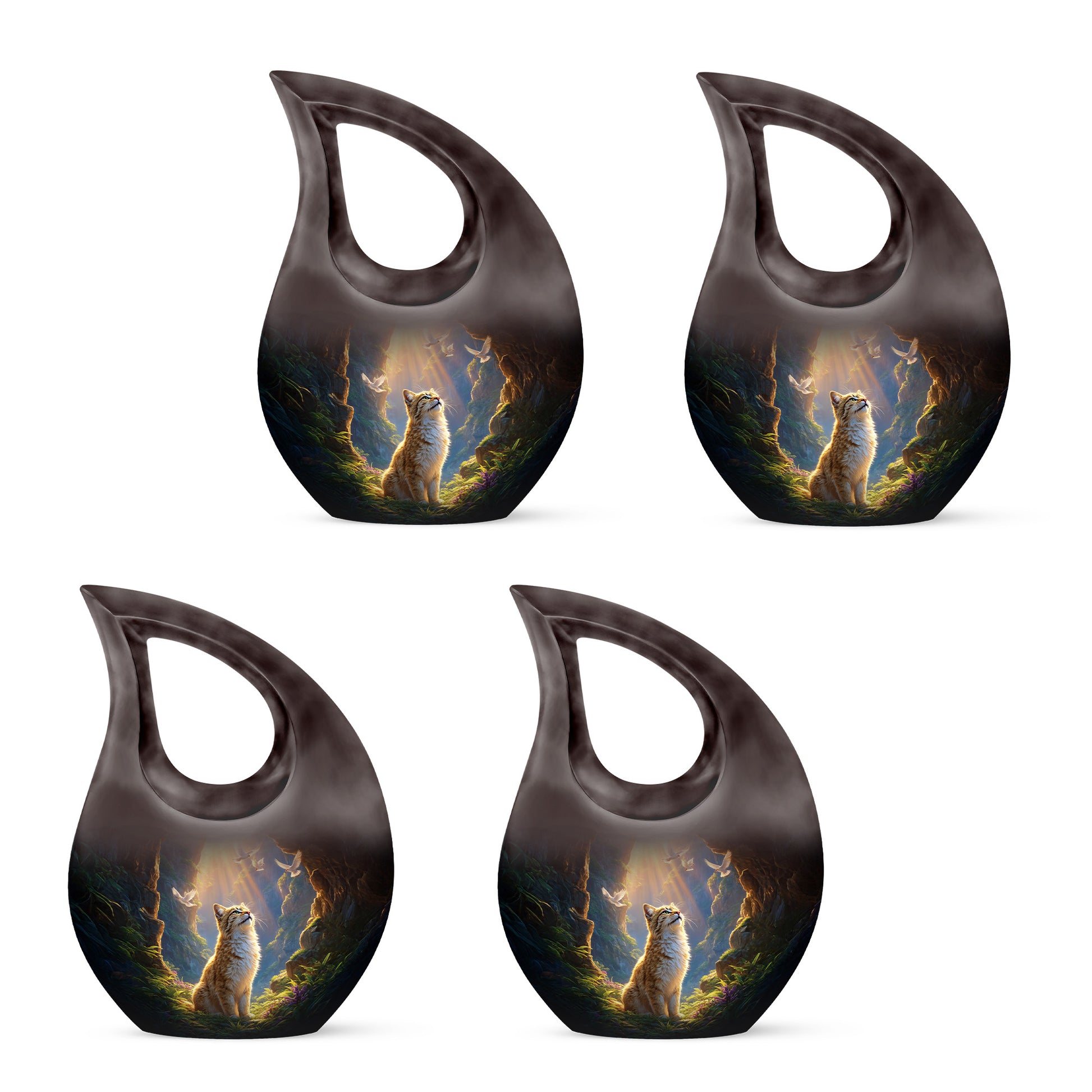Deep Red Cat Cremation Urn lifestyle display on memorial shelf - cross and cat combined in spiritual memorial design - 10 inch aluminum urn for cremated remains