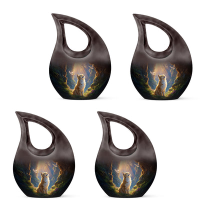 Deep Red Cat Cremation Urn lifestyle display on memorial shelf - cross and cat combined in spiritual memorial design - 10 inch aluminum urn for cremated remains