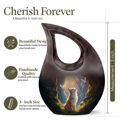 Garnet Red Cat Cremation Urn back view with polished surface - sacred cross merged with cat motif on metal - mini keepsake memorial for portion of cremation ashes