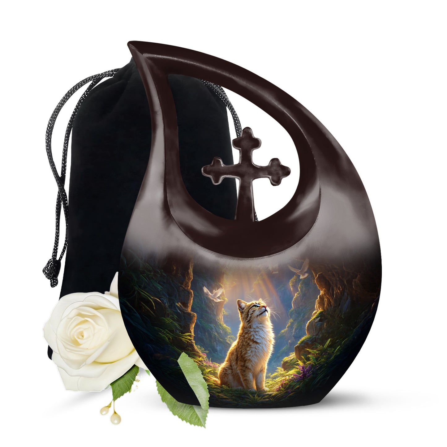 Garnet Red Cat Cremation Urn top-down view of secure threaded lid - cross and cat combined in spiritual memorial design - full-size 10 inch 200 cubic inch adult cremation urn