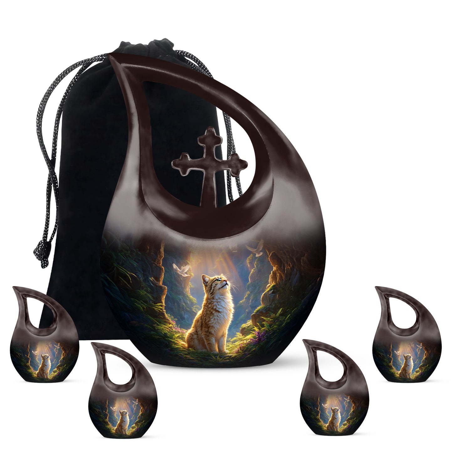 Ruby Red Cat Cremation Urn urn with complimentary velvet bag - faith-inspired cross-drop urn with cat pattern - memorial set with one large and four small urns