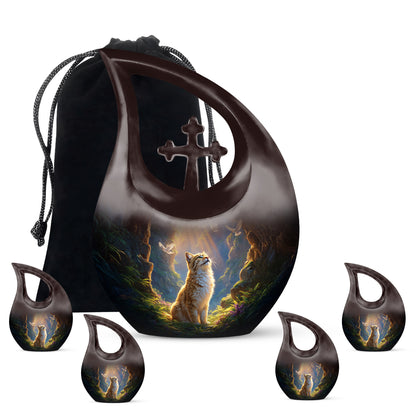 Ruby Red Cat Cremation Urn urn with complimentary velvet bag - faith-inspired cross-drop urn with cat pattern - memorial set with one large and four small urns