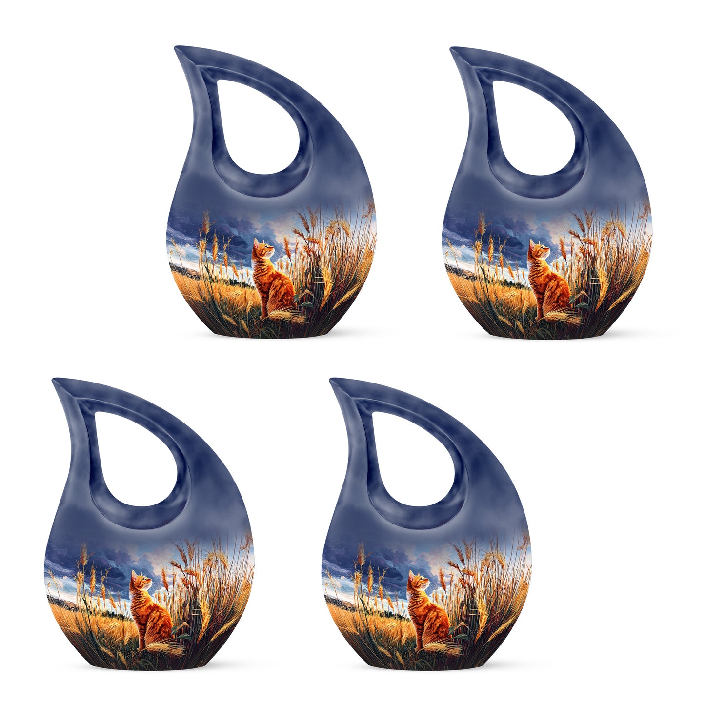 Misty Blue Cat Cremation Urn lifestyle display on memorial shelf - sacred cross merged with cat motif on metal - 10 inch aluminum urn for cremated remains