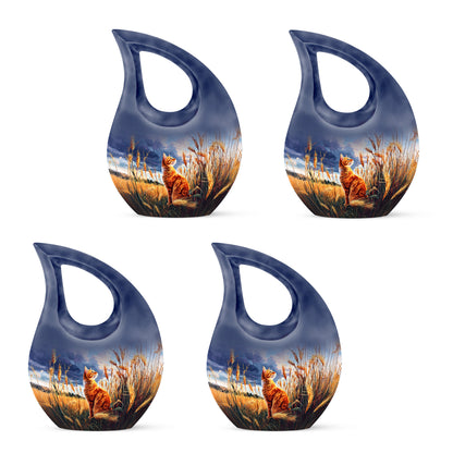 Misty Blue Cat Cremation Urn lifestyle display on memorial shelf - sacred cross merged with cat motif on metal - 10 inch aluminum urn for cremated remains