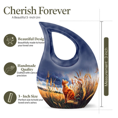 Sapphire Blue Cat Cremation Urn back view with polished surface - devotional cross-drop cat engraving - mini keepsake memorial for portion of cremation ashes