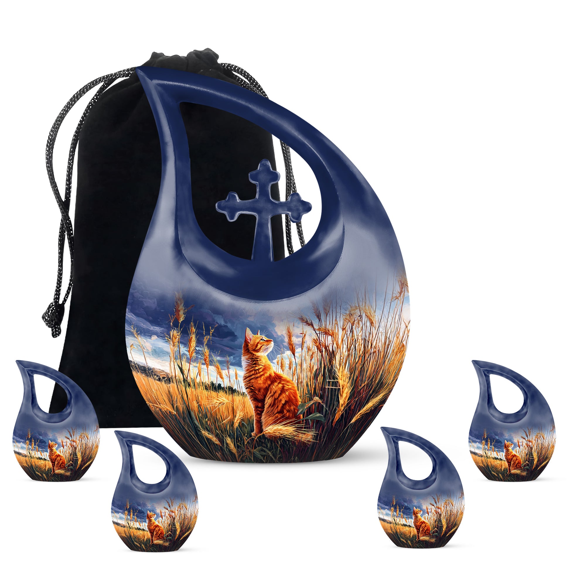 Twilight Blue Cat Cremation Urn urn with complimentary velvet bag - devotional cross-drop cat engraving - memorial set with one large and four small urns