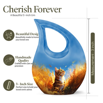 Azure Cat Cremation Urn back view with polished surface - sacred cross merged with cat motif on metal - mini keepsake memorial for portion of cremation ashes