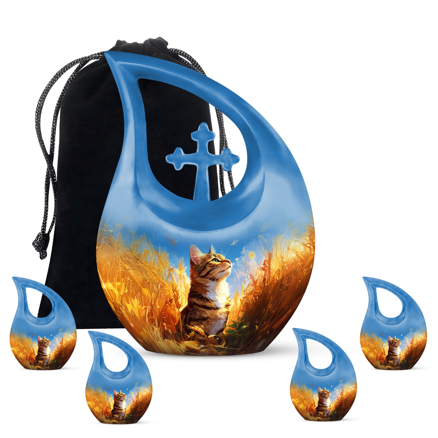 Sapphire Blue Cat Cremation Urn urn with complimentary velvet bag - faith-inspired cross-drop urn with cat pattern - memorial set with one large and four small urns