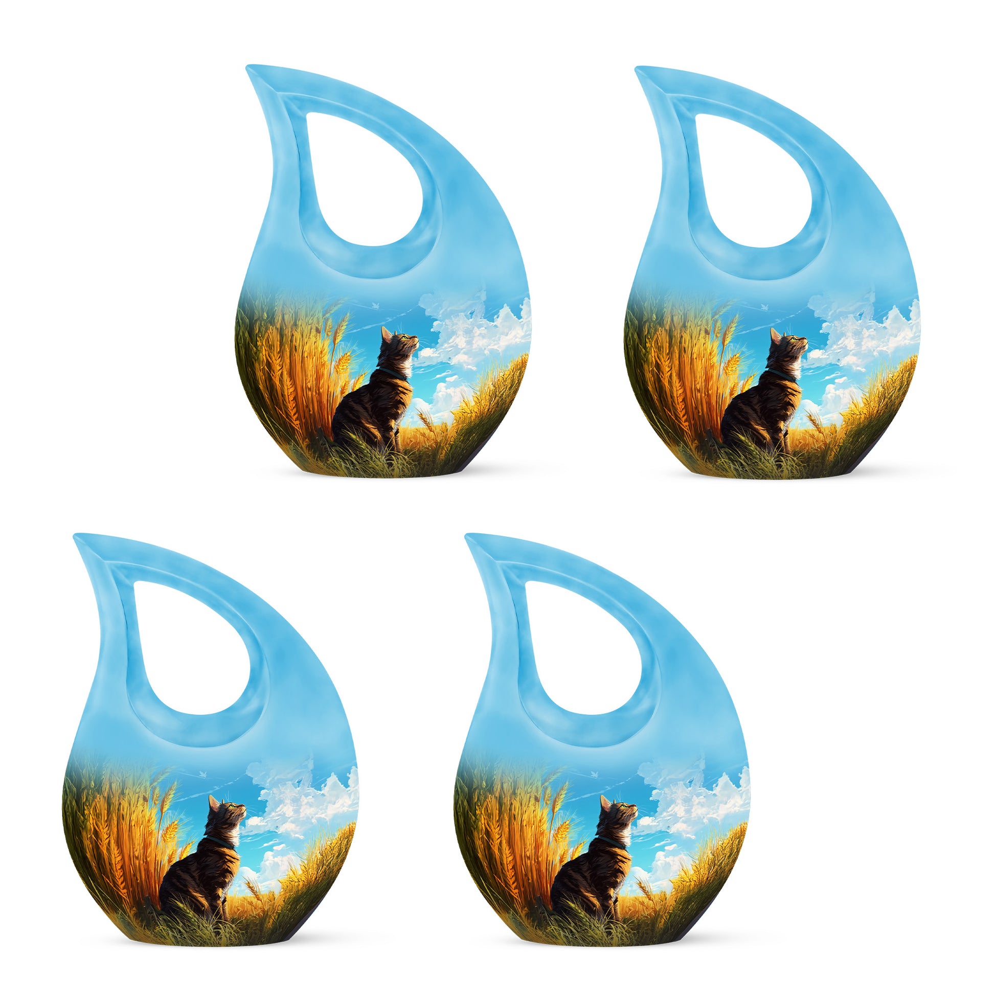 Bright Blue Cat Cremation Urn lifestyle display on memorial shelf - faith-inspired cross-drop urn with cat pattern - 10 inch aluminum urn for cremated remains