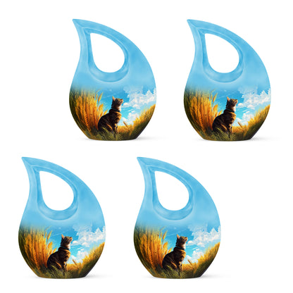 Bright Blue Cat Cremation Urn lifestyle display on memorial shelf - faith-inspired cross-drop urn with cat pattern - 10 inch aluminum urn for cremated remains