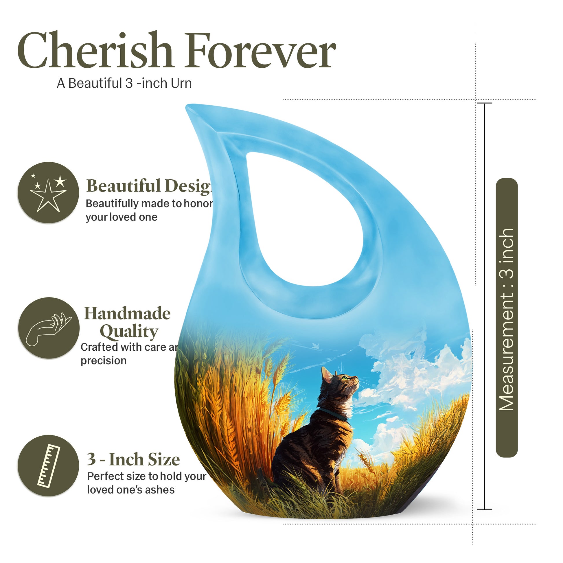 Powder Blue Cat Cremation Urn back view with polished surface - sacred cross merged with cat motif on metal - mini keepsake memorial for portion of cremation ashes