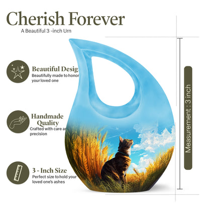 Powder Blue Cat Cremation Urn back view with polished surface - sacred cross merged with cat motif on metal - mini keepsake memorial for portion of cremation ashes