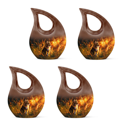 Rich Black Cat Cremation Urn lifestyle display on memorial shelf - cross and cat combined in spiritual memorial design - 10 inch aluminum urn for cremated remains